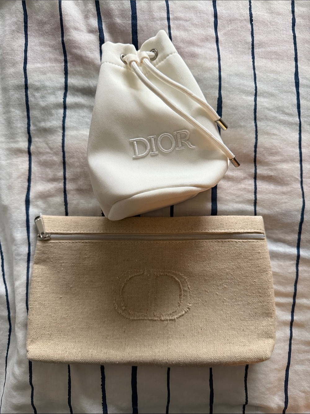 Dior Cream Drawstring Pouch with Beige Canvas Zip Clutch